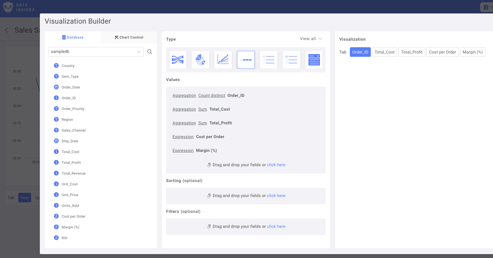 Панель конфигурации контрола метрик в Rocket BI с выбранными полями и настройками агрегации