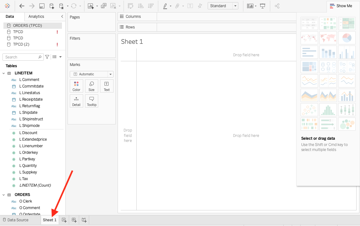 Лист Tableau, показывающий измерения и меры из таблиц ClickHouse, до�ступные для анализа